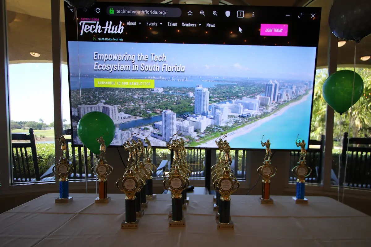 Tech Hub Golf Invitational trophies and awards at the clubhouse reception